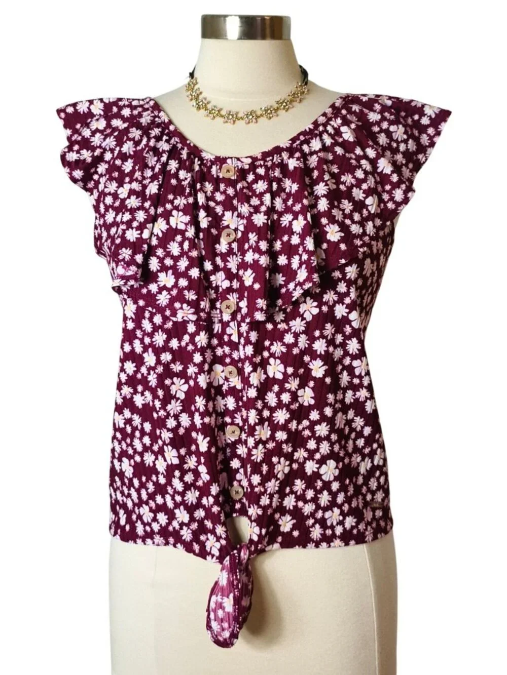 Justice Girls XL Plus Top Burgundy Front Tie Daisy Button-Up Ruffle Preppy 16-18 - Picture 1 of 8